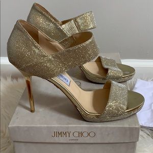 JIMMY CHOO ALANA LAME GLITTER HEEL SANDALS